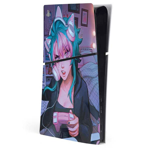 Anime Catgirl Gamer Nerd by Ivy Dolamore PS5 Slim Digital Edition Console Skin